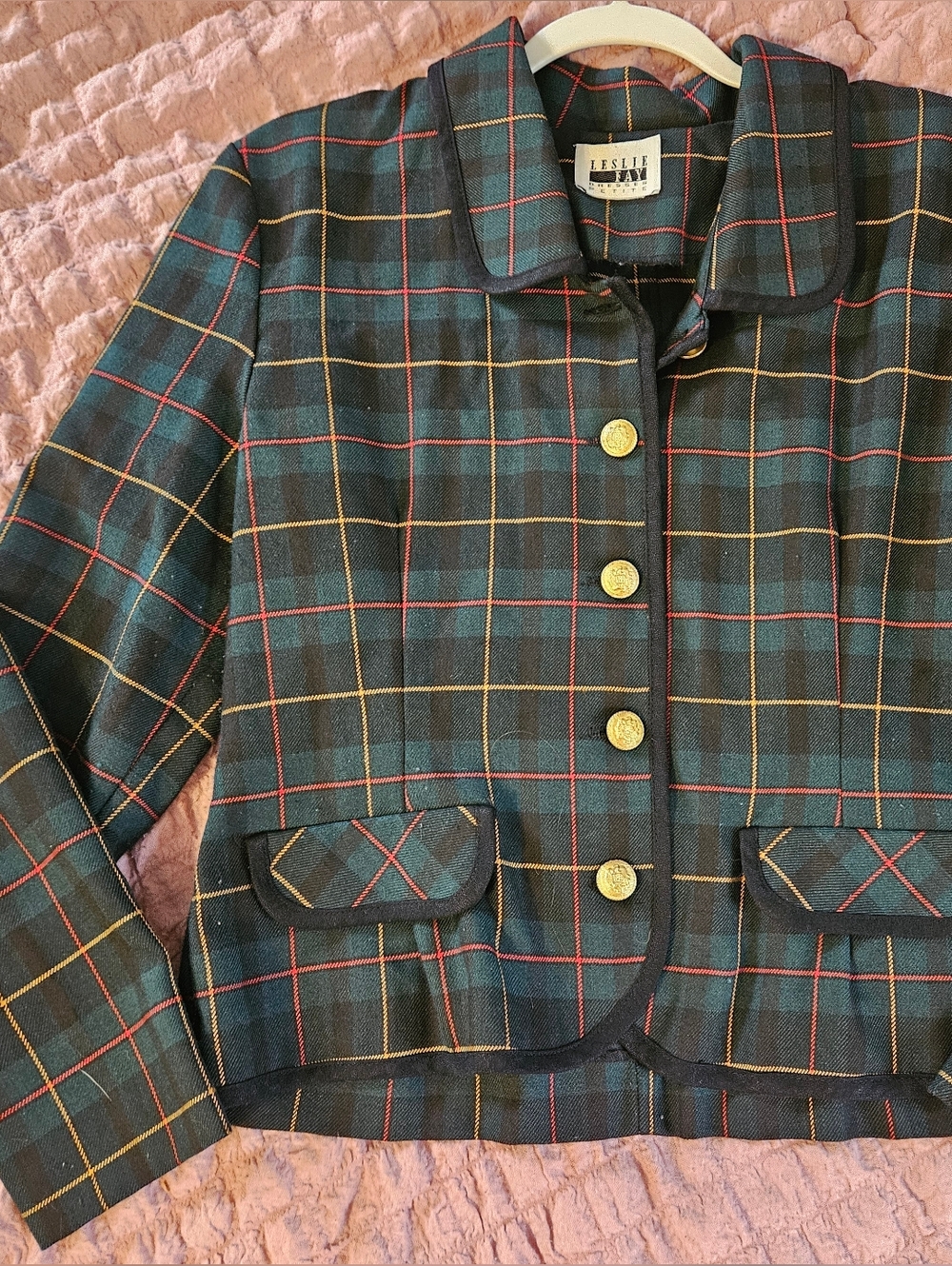 Vintage Leslie Fay Green Plaid Blazer with Gold Buttons